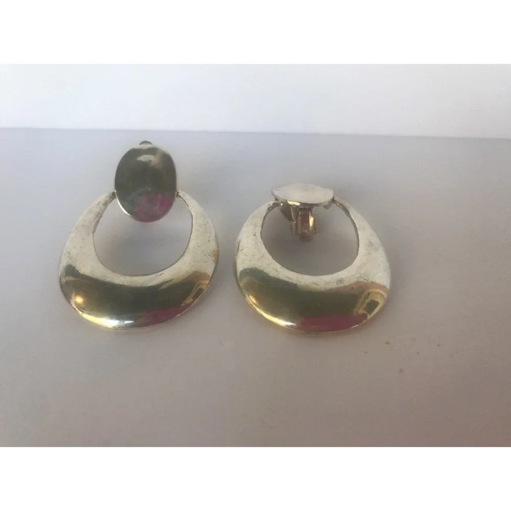 Earrings 1980's look silver tone clip‎ on round circles Dangle Two Tier Chunky
